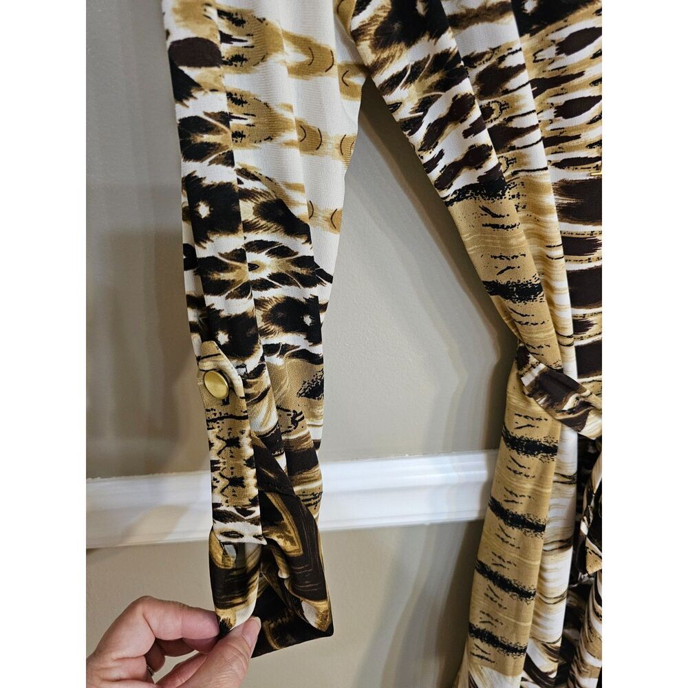 Emma & Michele Printed Wrap Dress Size M Brown Black Animal Print Belted - Picture 6 of 10